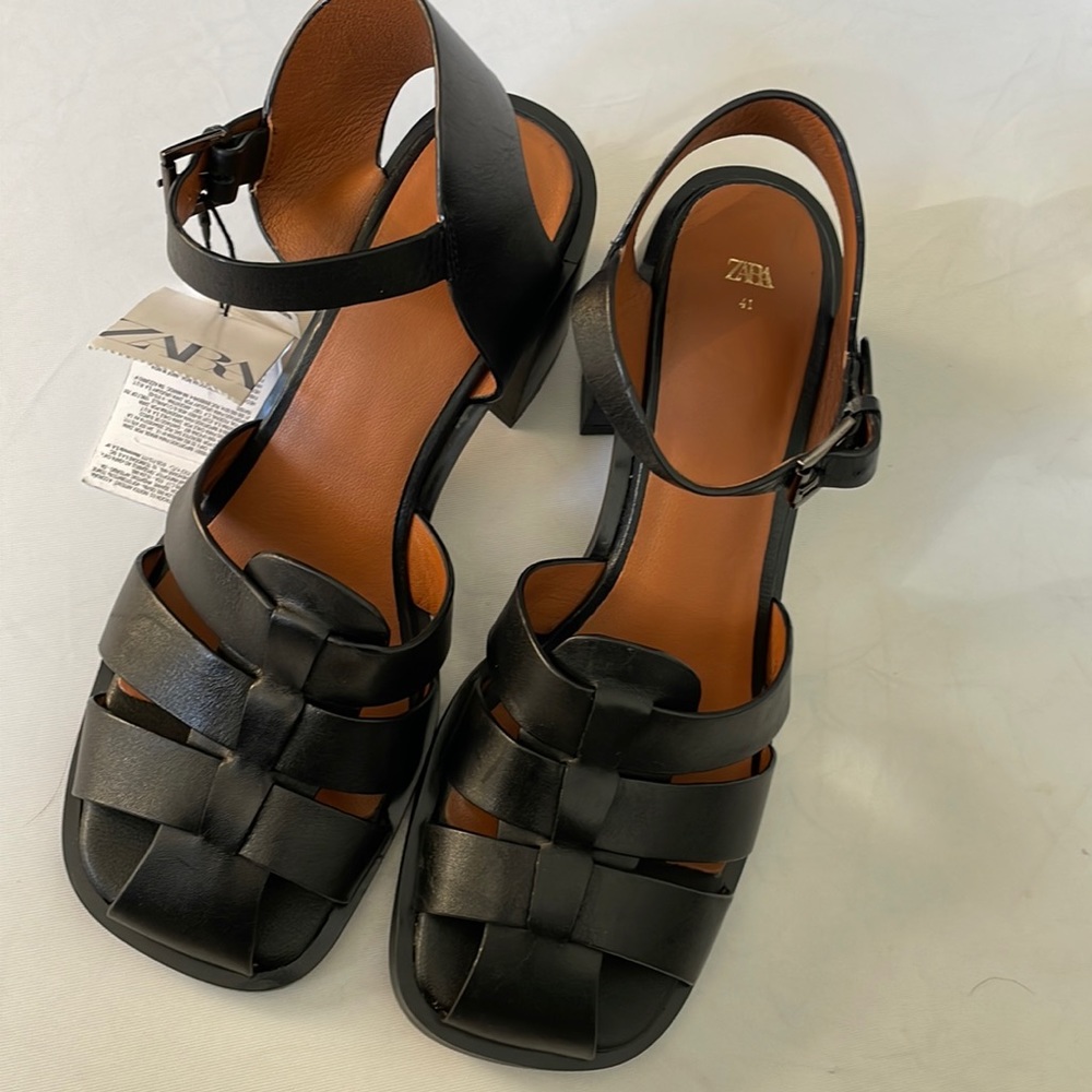 Zara Mary Jane black block heels leather fisherman sandals 41 us 10